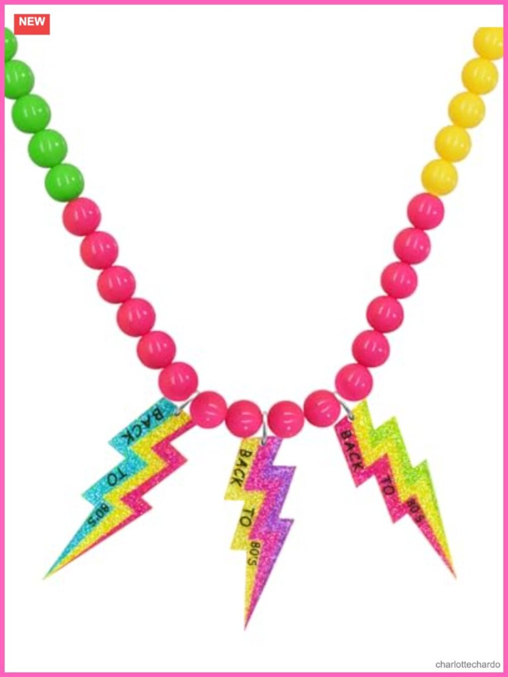 80s Neon Beaded Necklace Acrylic Lightning Charm Retro Party Costume Jewelry